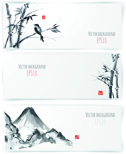 Water Ink bamboo banner vector 02
