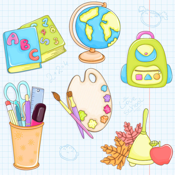 cute cartoon School Supplies vector set 02