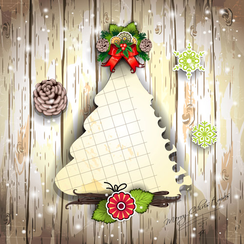 Christmas decor paper on the wood wall vector 03