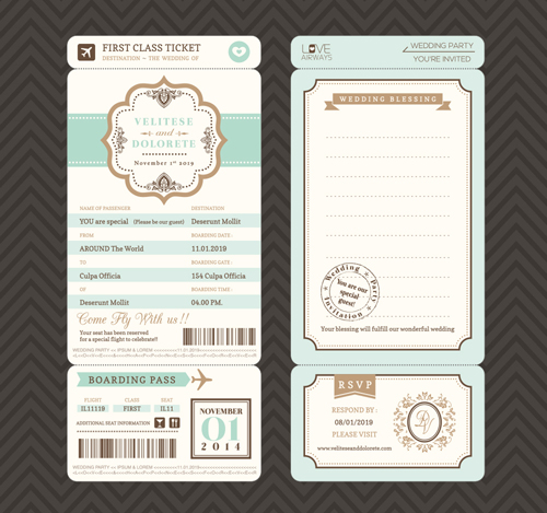 First class ticket with wedding Invitation templates vector 01