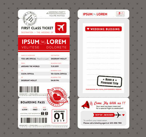First class ticket with wedding Invitation templates vector 02