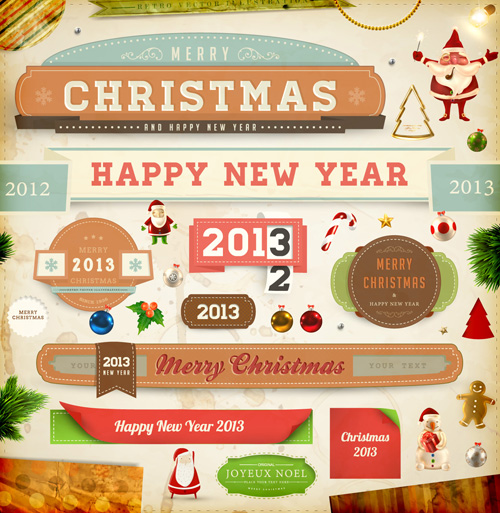 Vintage Christmas and New Year 2013 Ornaments vector 03