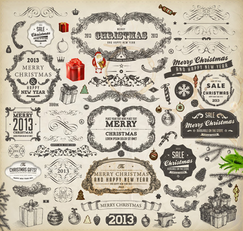 Vintage Christmas and New Year 2013 Ornaments vector 04