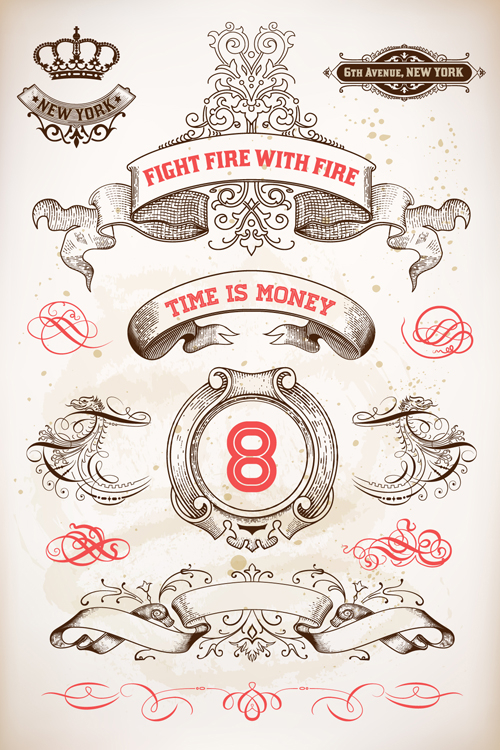 Vintage ornaments with ribbon labels vector
