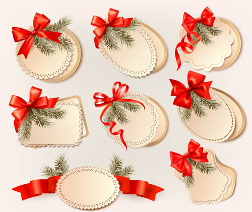 Beautiful ribbon bow with cards vectors 01
