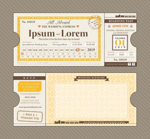 First class ticket with wedding Invitation templates vector 03