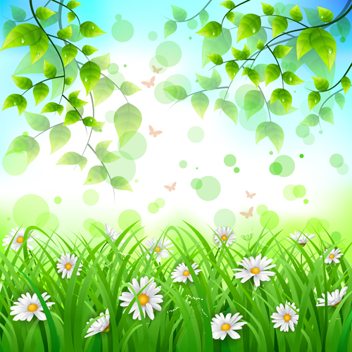 Flower with green leaves spring background vector