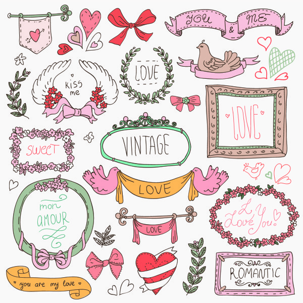 Hand drawn cartoon love elements vector 01