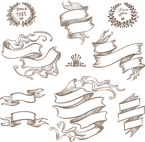 Retro hand drawn ribbon with ornaments vector 04