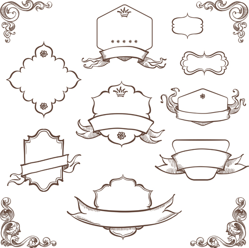Retro hand drawn ribbon with ornaments vector 05