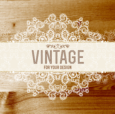 Retro lace with wooden background vector 04