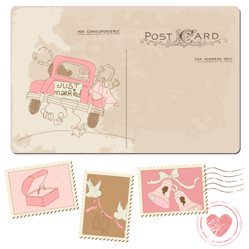 Vintage wedding postcard with postage stamps vector 01