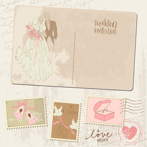 Vintage wedding postcard with postage stamps vector 02