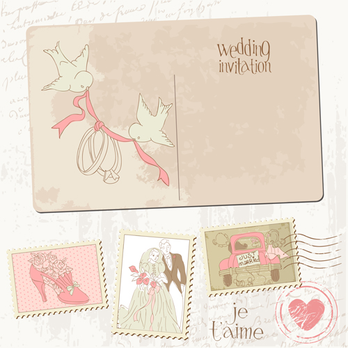 Vintage wedding postcard with postage stamps vector 03