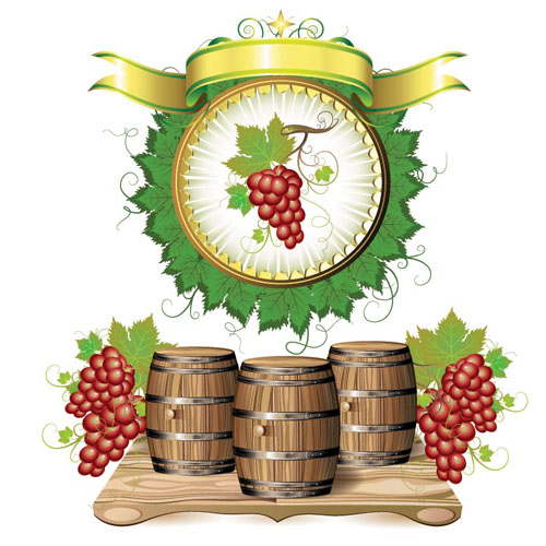 Wine barrels and grapes vector material 05