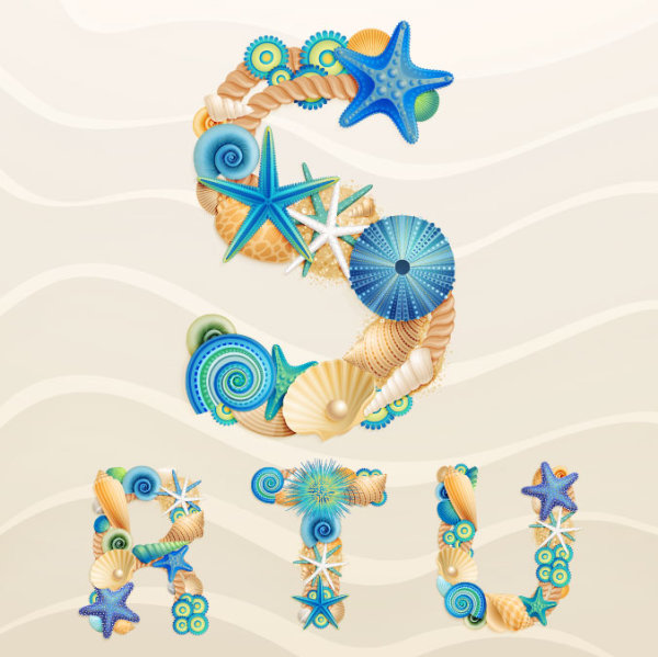Set of marine life font on sand vector 01