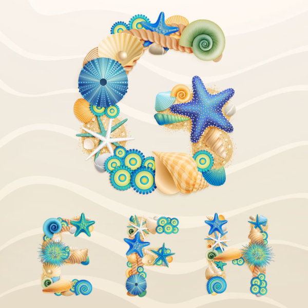 Set of marine life font on sand vector 03