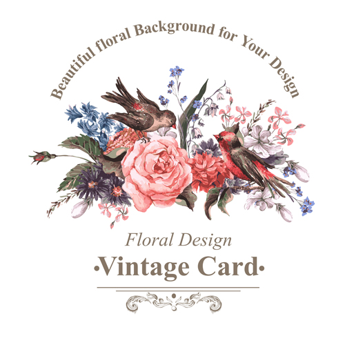 Beautiful flower with birds vintage cards vector 02