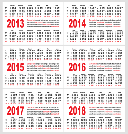 Set of 2013 2018 Calendars template vector graphic 04