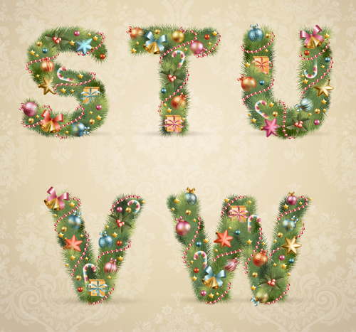 Creative Christmas Tree alphabet and number vector set 02