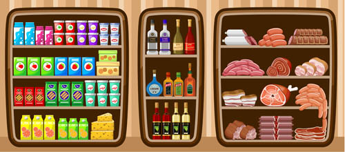 supermarket showcase and food vector set 16