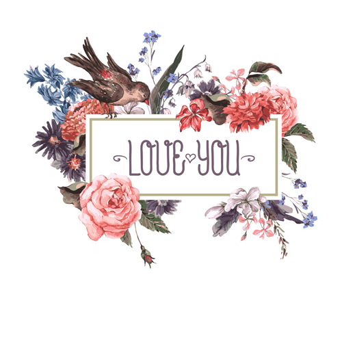 Beautiful flower with birds vintage cards vector 03
