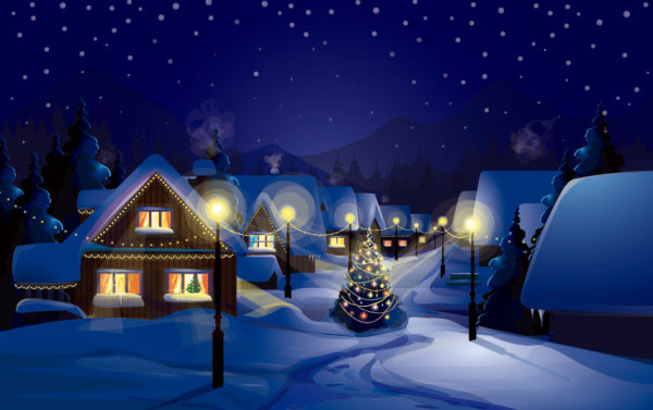 Christmas night with snow scenery vector