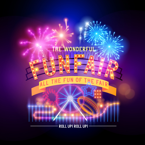 Colorful fireworks with funfair poster vector