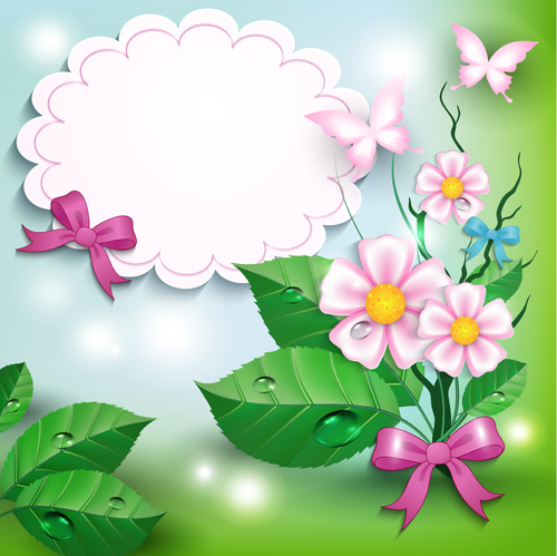 rflies with bow background vector 01 Flowers and butterflies with bow background vector 01