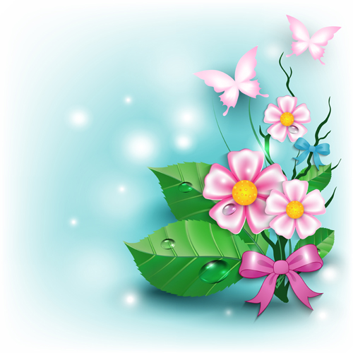 Flowers and butterflies with bow background vector 02