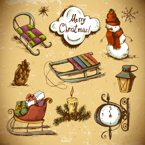Hand drawn christmas elements retro vector material 01