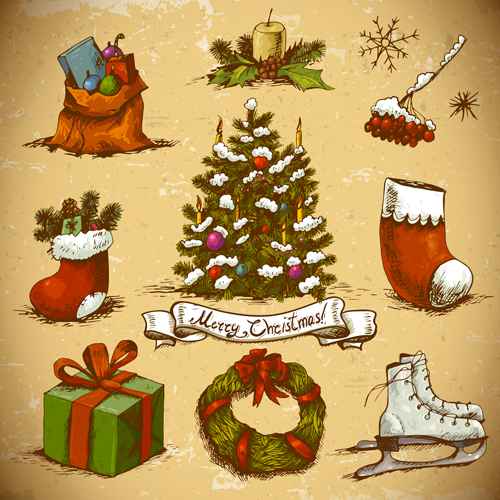 Retro font material hand drawn elements christmas 