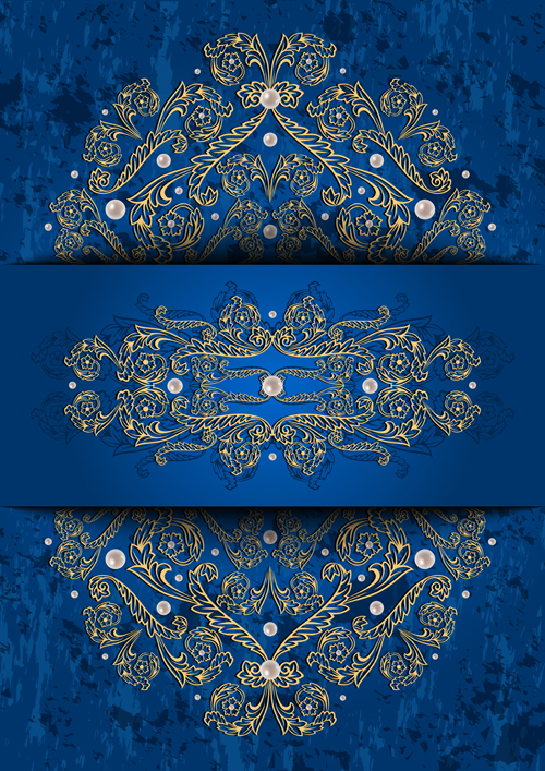 Ornate blue background with gold decorative vector