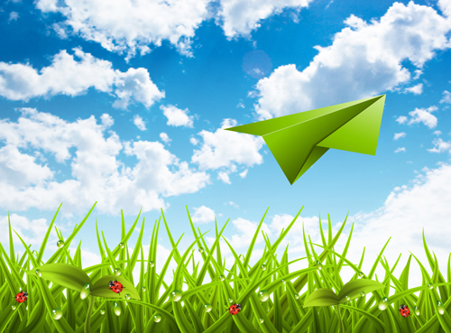 Paper airplane with spring background vector