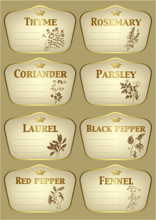 Seasoning vegetation gold labels vector