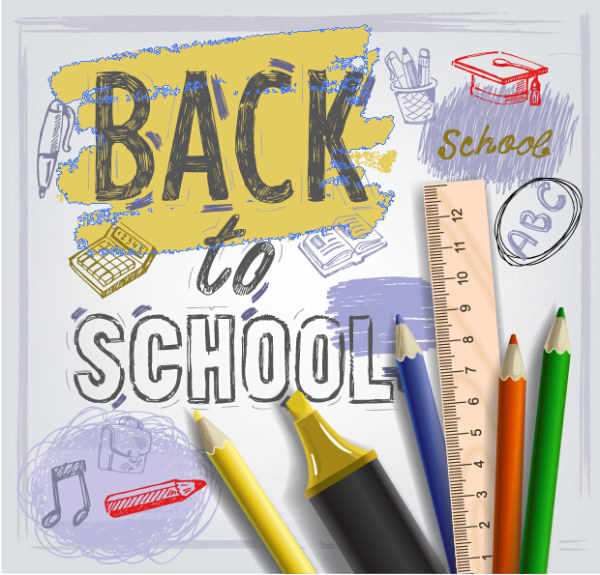 Sketches and watercolor school elements vector