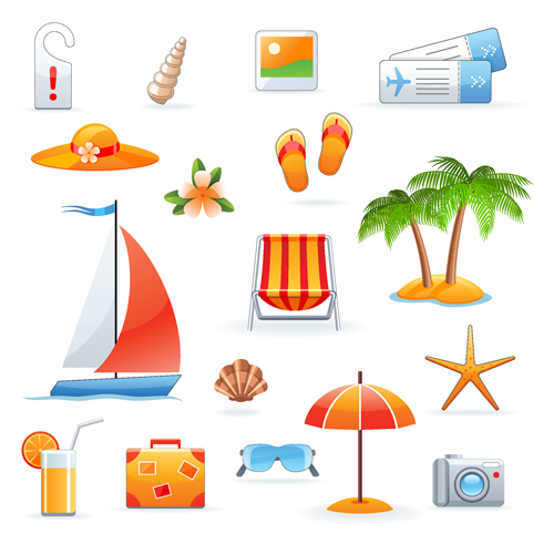 Set of Summer seashore elements vector 01