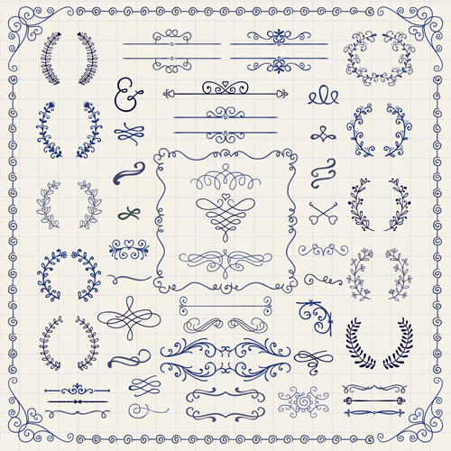Vintage hand drawn swirls ornaments with corner vector 03
