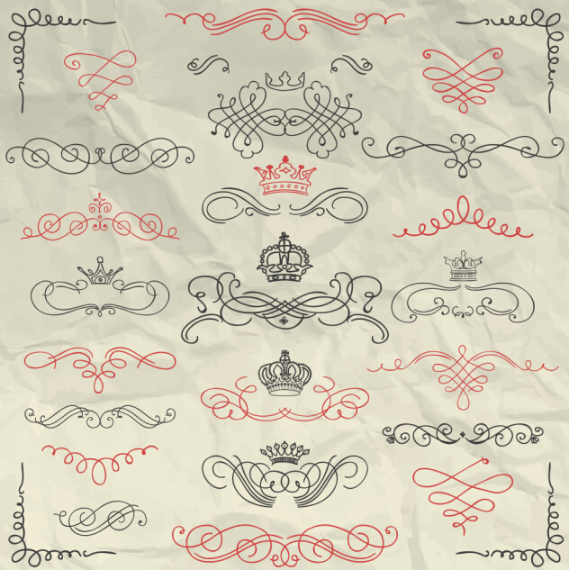 Vintage hand drawn swirls ornaments with corner vector 04