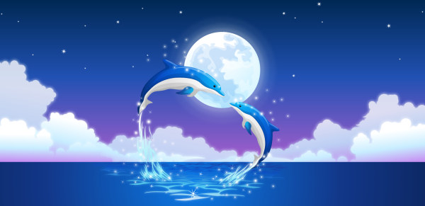 Beautiful dolphins and moon vector background