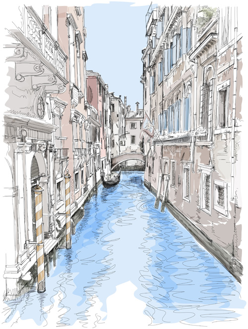 Hand drawn town with river vector 01