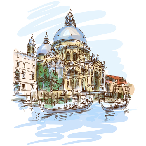 Hand drawn town with river vector 02