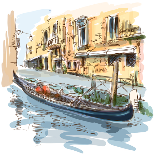 Hand drawn town with river vector 03