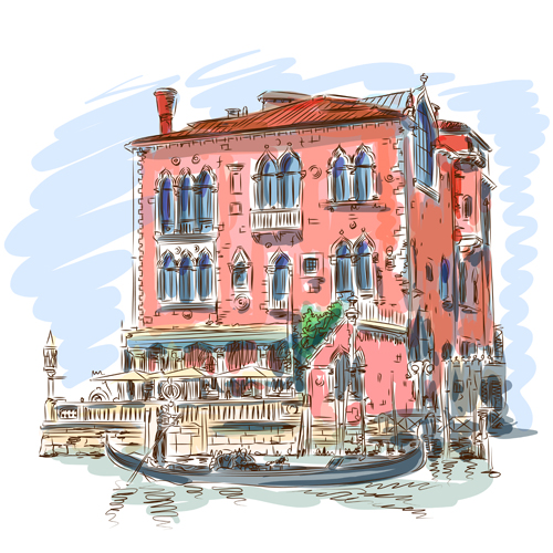 Hand drawn town with river vector 04