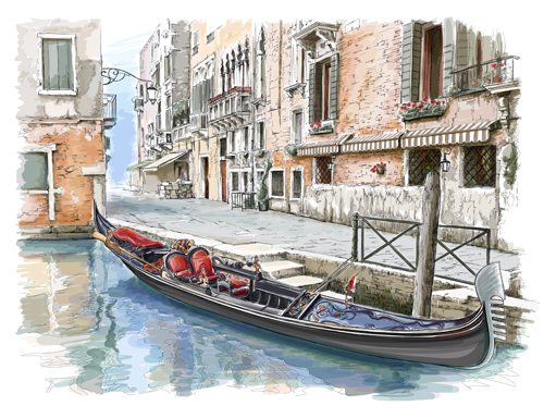 Hand drawn town with river vector 05