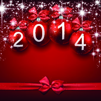 Shiny 2014 christmas baubles with bow background vector