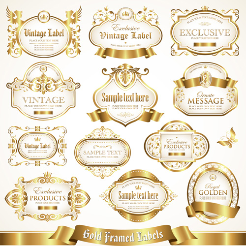White with golden framed labels vector set