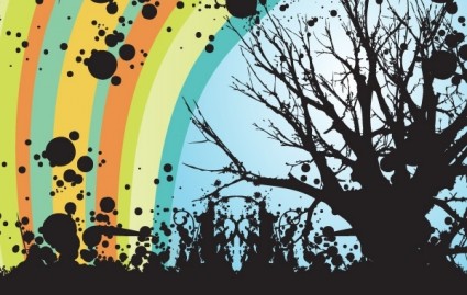 tree swirls sillhouette rainbow grunge floral abstract 