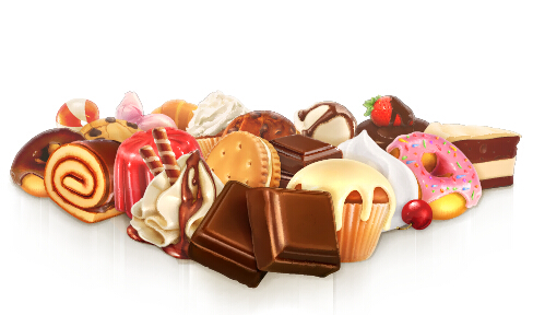 Cake with dessert and fruits vector background