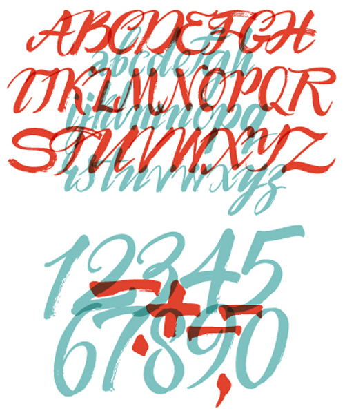 Calligraphic alphabet and numbers vector material